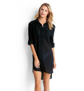 Crinkle Twill Beach Shirt-Blk